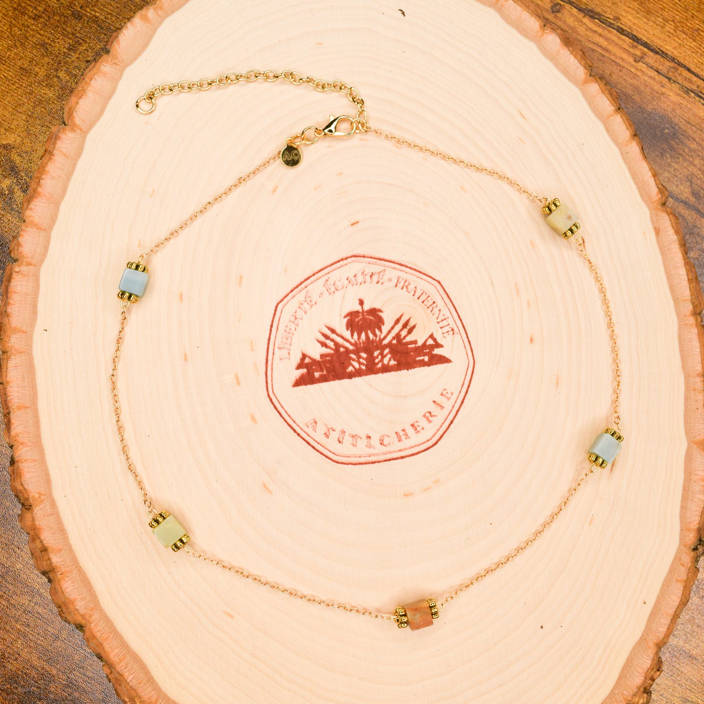 Handcrafted necklace- Amazonite and cable chain for refined, modern elegance. Haitian-inspired, lifestyle brand