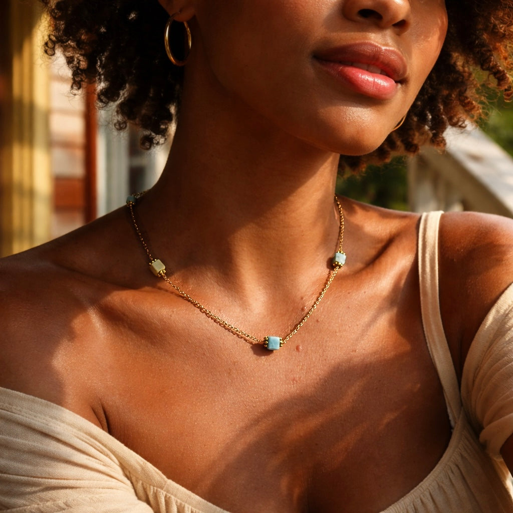 Handcrafted necklace- Amazonite and cable chain for refined, modern elegance. Haitian-inspired, lifestyle brand