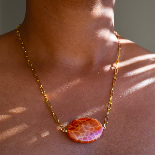 Handcrafted with 18K gold-plated paper clip chain, featuring fire agate stone for elegant & refined style by Ayiti Chérie. Haitian-inspired, lifestyle brand
