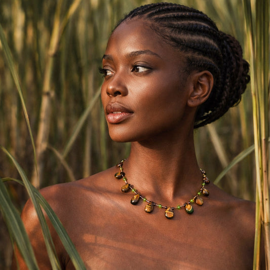 Handcrafted with tiger's eye teardrop & glass cube beads for elegant, refined style by Ayiti Chérie. Haitian-inspired, lifestyle brand