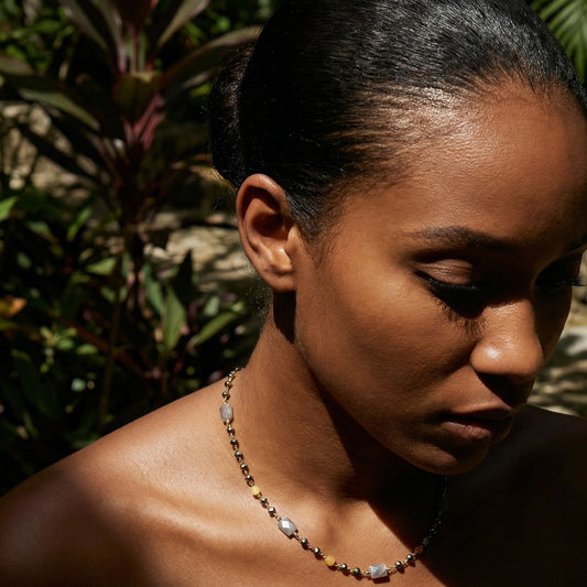 NAIKA_PLATEDPRYITE_CITRINE_GRAYCHALCEDONYNECKLACE by Ayiti Cherie