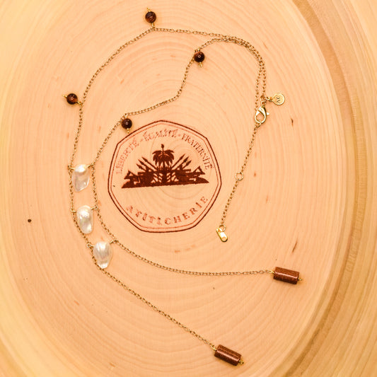 Handcrafted necklace with goldtone and Baroque pearl beads for elegant, refined style by Ayiti Chérie. Haitian-inspired, lifestyle brand
