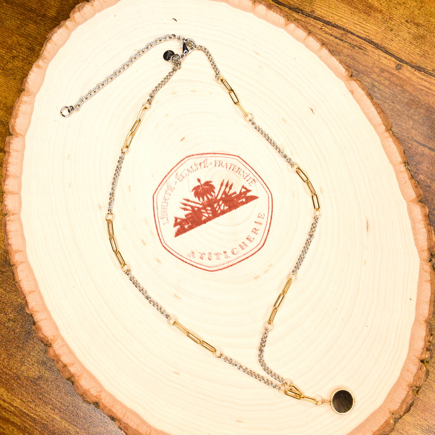 Handcrafted with dual-chain & metal pendant bead for elegant, refined style by Ayiti Chérie. Haitian-inspired, lifestyle brand