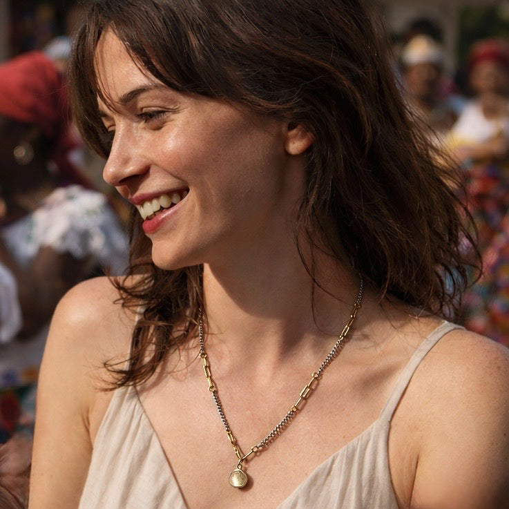 Handcrafted with dual-chain & metal pendant bead for elegant, refined style by Ayiti Chérie. Haitian-inspired, lifestyle brand