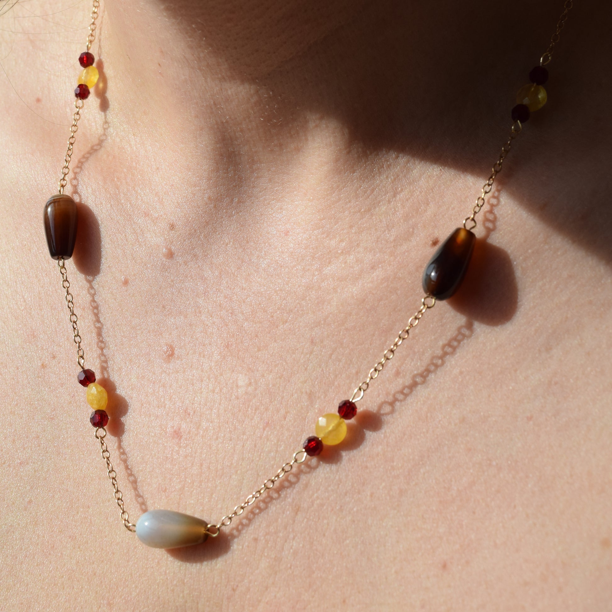 Handcrafted necklace- Agate, citrine, and crystal beads for refined, modern elegance. Haitian-inspired, lifestyle brand