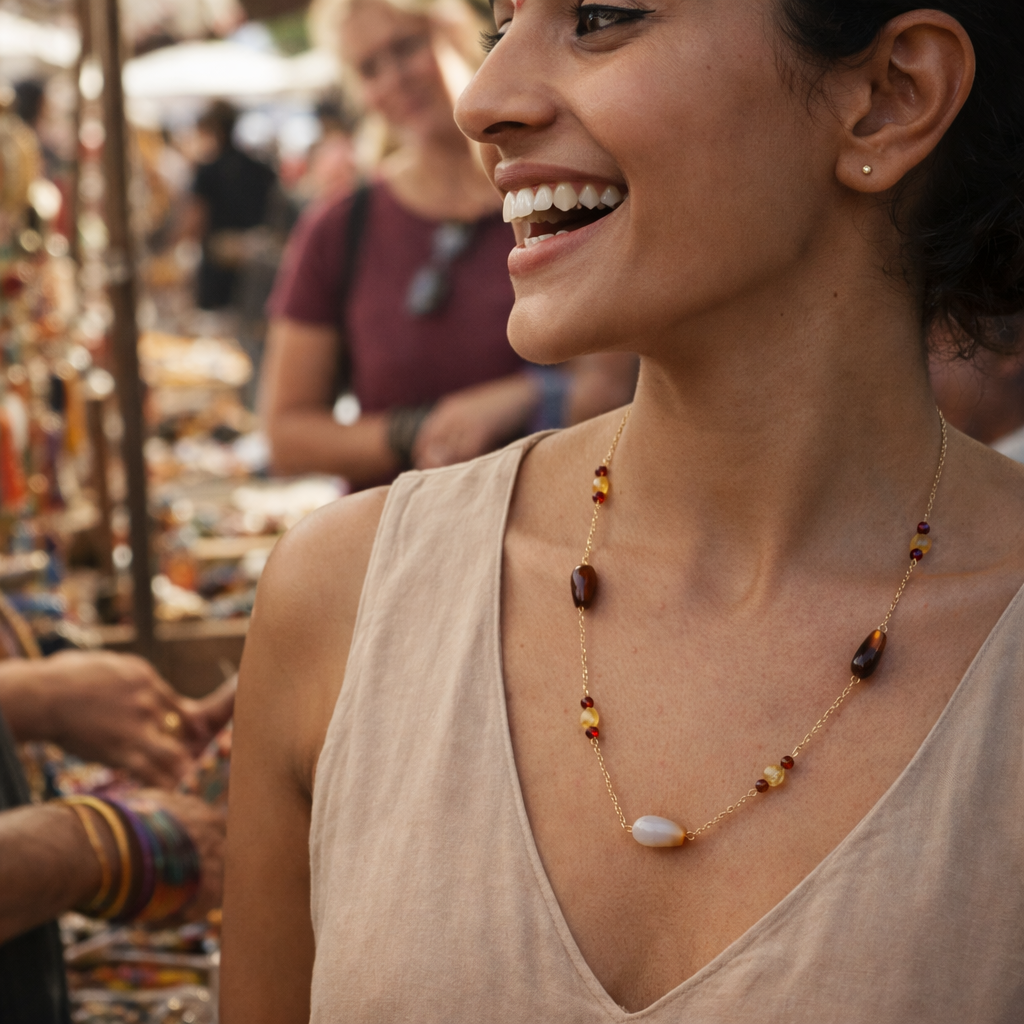 Handcrafted necklace- Agate, citrine, and crystal beads for refined, modern elegance. Haitian-inspired, lifestyle brand
