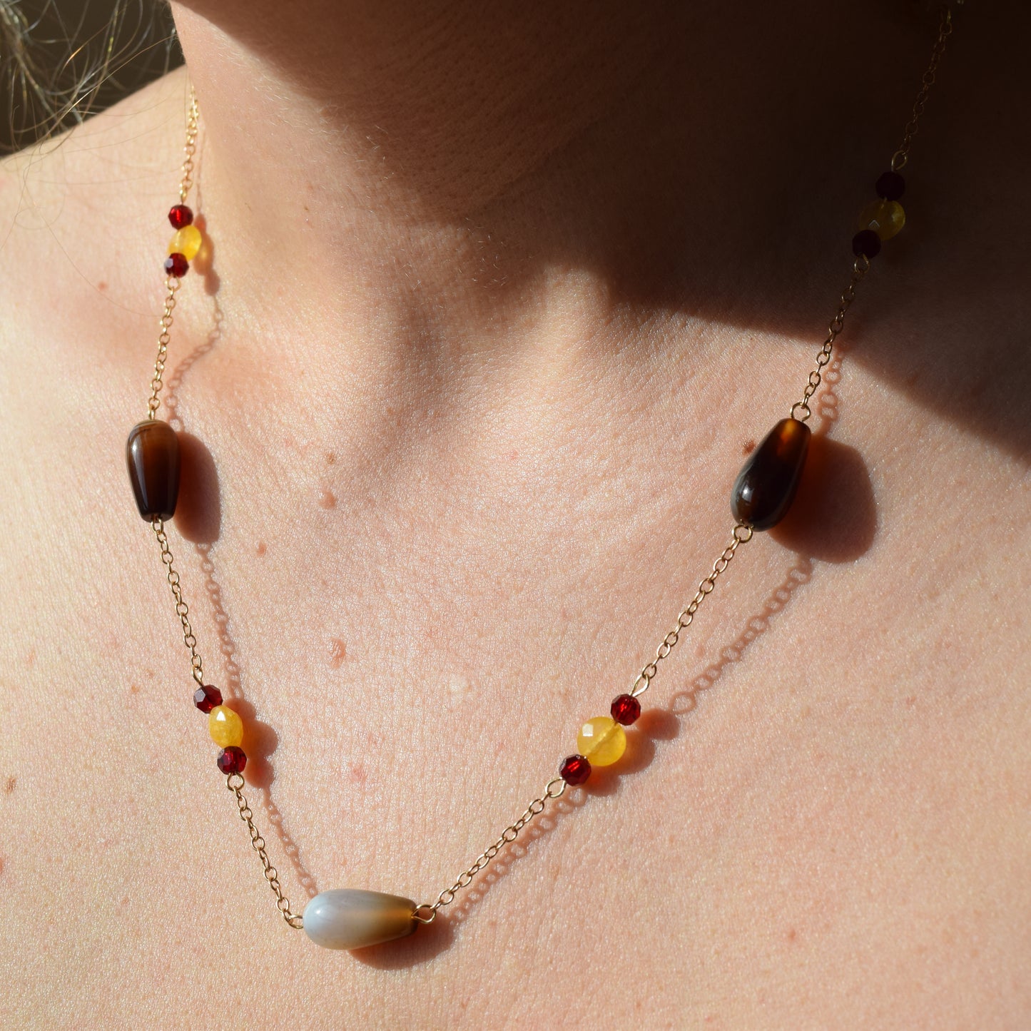 Handcrafted necklace- Agate, citrine, and crystal beads for refined, modern elegance. Haitian-inspired, lifestyle brand