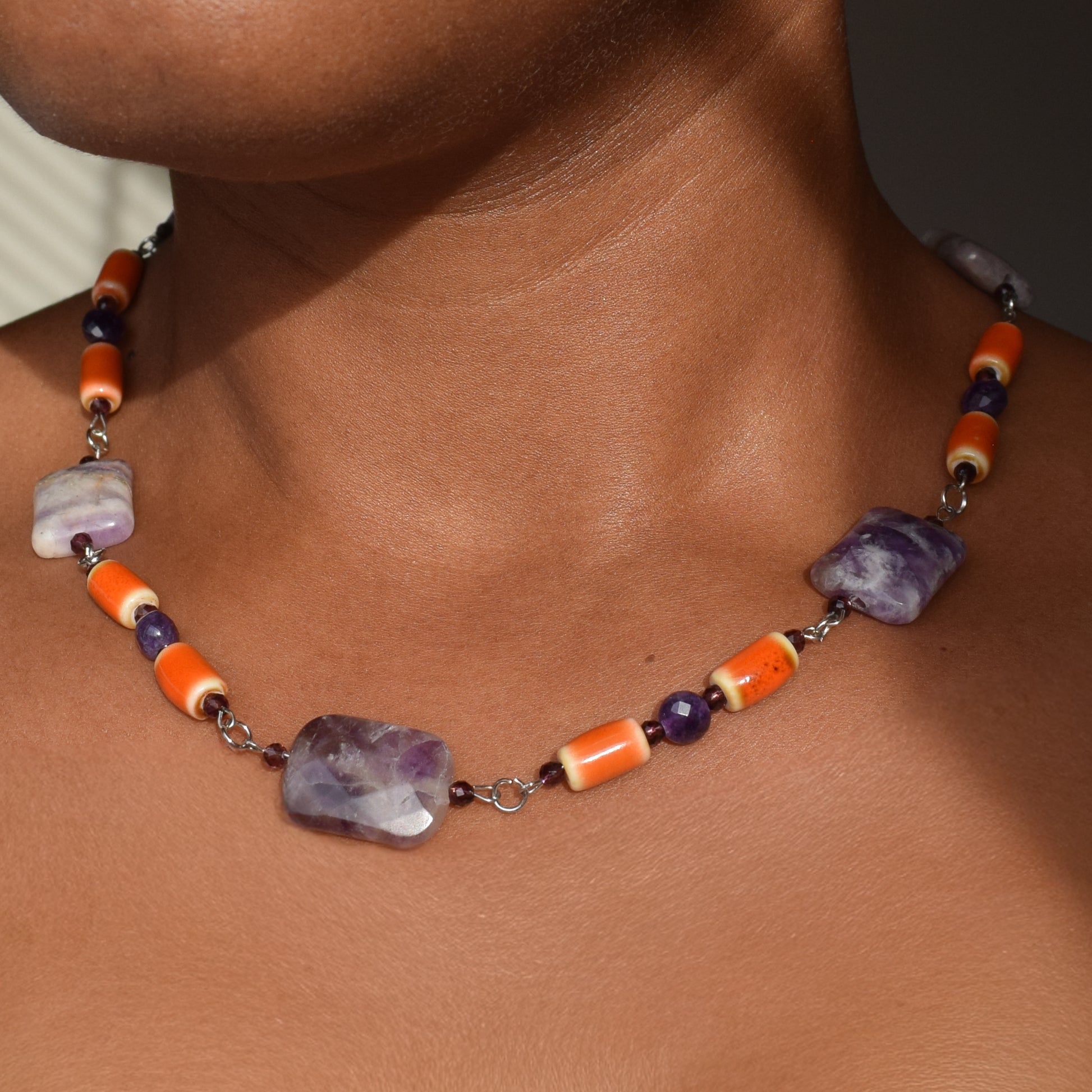 Handcrafted necklace- Amethyst and ceramic beads for refined, modern elegance. Haitian-inspired, lifestyle brand