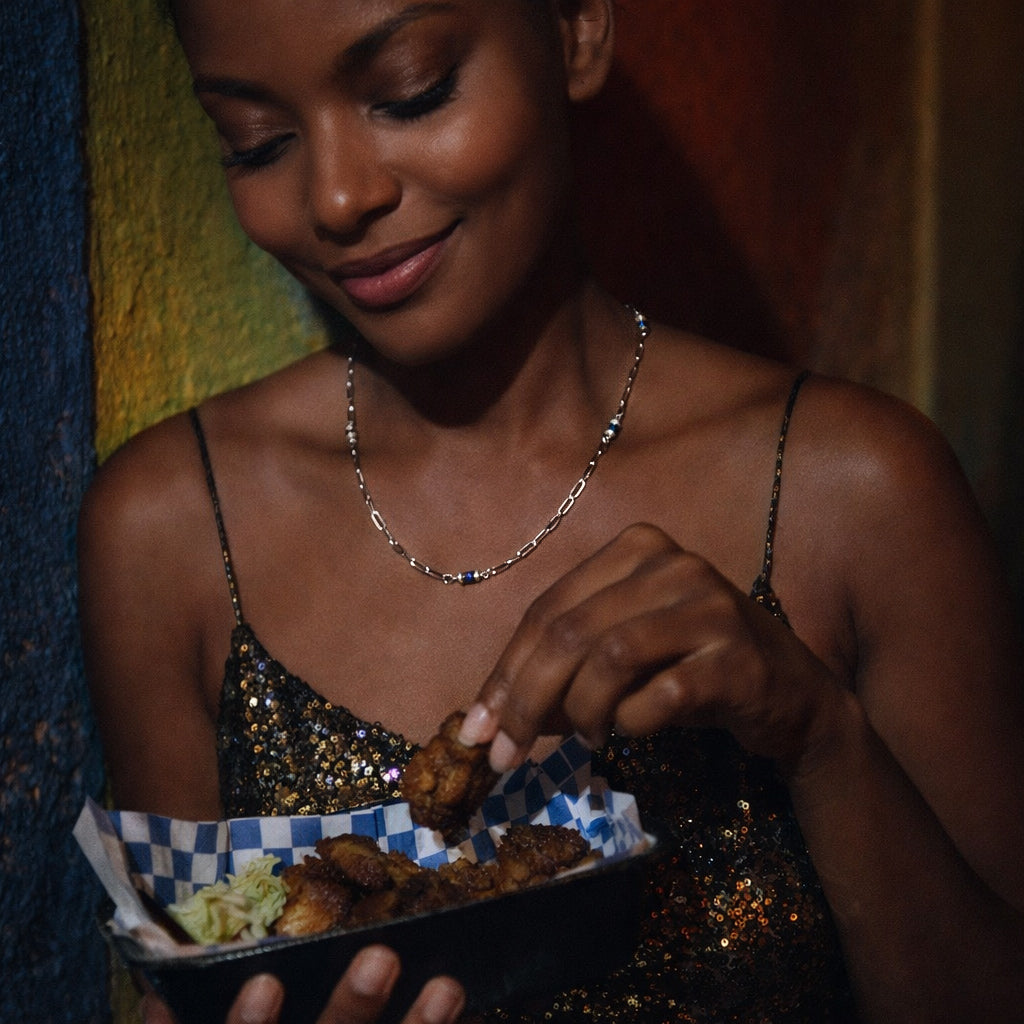 Handcrafted with paperclip chain featuring glass cube & bicone metal beads for elegant, refined style by Ayiti Cherie. Haitian-inspired, lifestyle brand