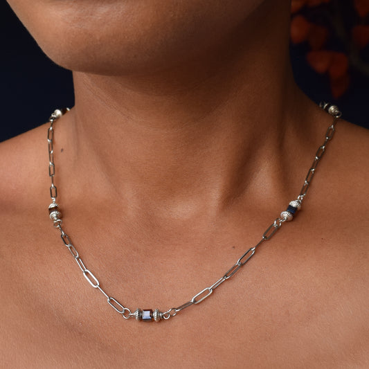 Handcrafted with paperclip chain featuring glass cube & bicone metal beads for elegant, refined style by Ayiti Cherie. Haitian-inspired, lifestyle brand