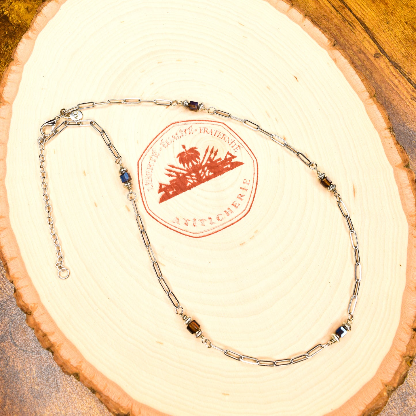 Handcrafted with paperclip chain featuring glass cube & bicone metal beads for elegant, refined style by Ayiti Cherie. Haitian-inspired, lifestyle brand