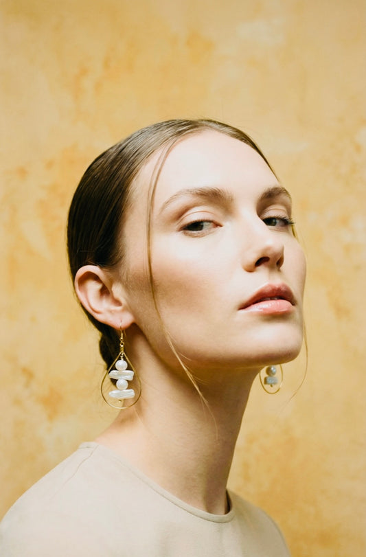 Handcrafted earrings with Biwa and potatoe pearl beads for elegant, refined style by Ayiti Chérie. Haitian-inspired, lifestyle brand