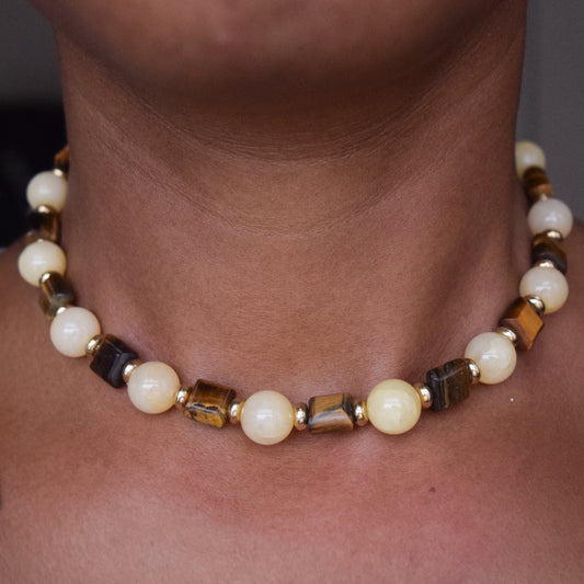 Handcrafted necklace- Moonstone and Tiger's Eye beads for refined, modern elegance. Haitian-inspired, lifestyle brand