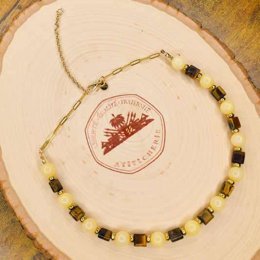Handcrafted necklace- Moonstone and Tiger's Eye beads for refined, modern elegance. Haitian-inspired, lifestyle brand
