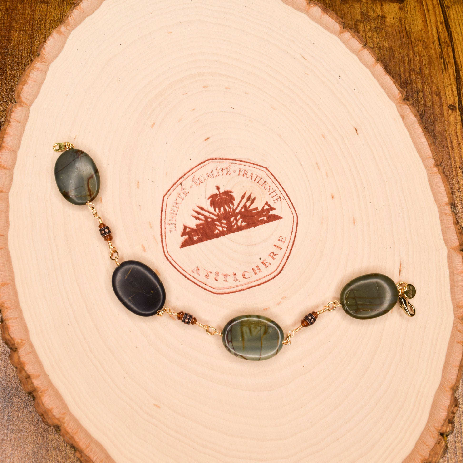 Handcrafted featuring picture jasper, carnelian stone & carved drum beads for elegant, refined style by Ayiti Chérie. Haitian-inspired, lifestyle brand