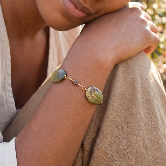 Handcrafted featuring picture jasper, carnelian stone & carved drum beads for elegant, refined style by Ayiti Chérie. Haitian-inspired, lifestyle brand