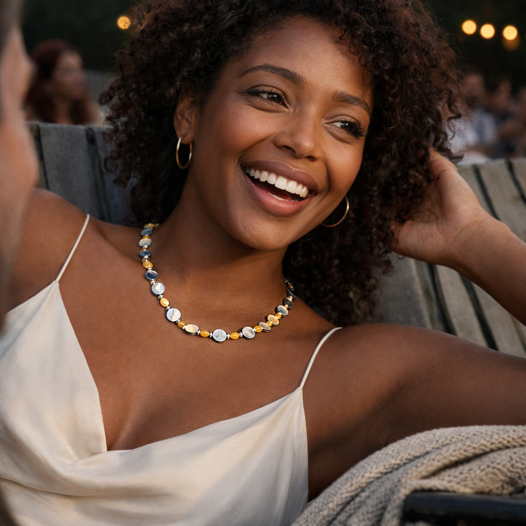 Handcrafted necklace- Black lentil and citrine beads for refined, modern elegance. Haitian-inspired, lifestyle brand