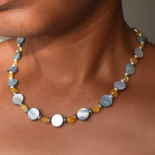 Handcrafted necklace- Black lentil and citrine beads for refined, modern elegance. Haitian-inspired, lifestyle brand