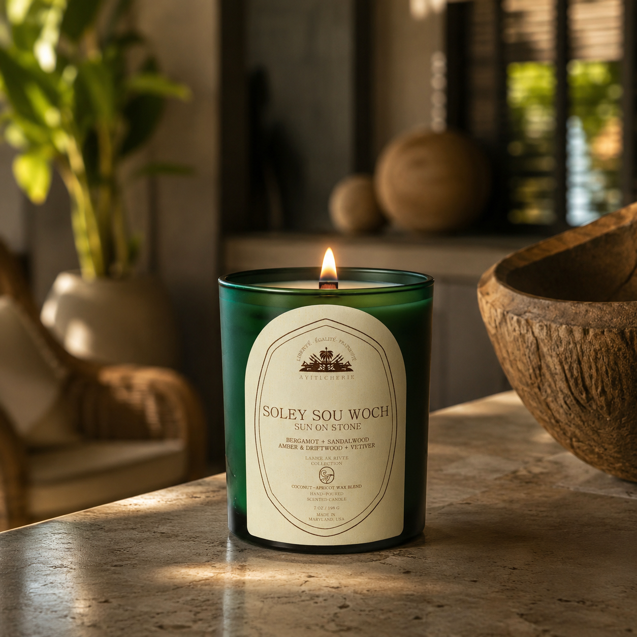 Soley Sou Woch_Sun On Stone_Bergamot _Sandalwood_Amber-Driftwood_Vetiver Candle by Ayiti Cherie