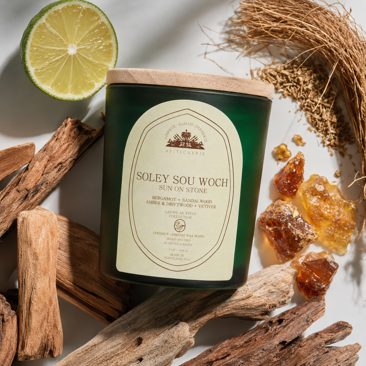 Soley Sou Woch_Sun On Stone_Bergamot _Sandalwood_Amber-Driftwood_Vetiver Candle by Ayiti Cherie