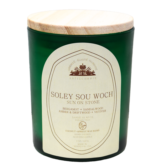 Soley Sou Woch_Sun On Stone_Bergamot _Sandalwood_Amber-Driftwood_Vetiver Candle by Ayiti Cherie