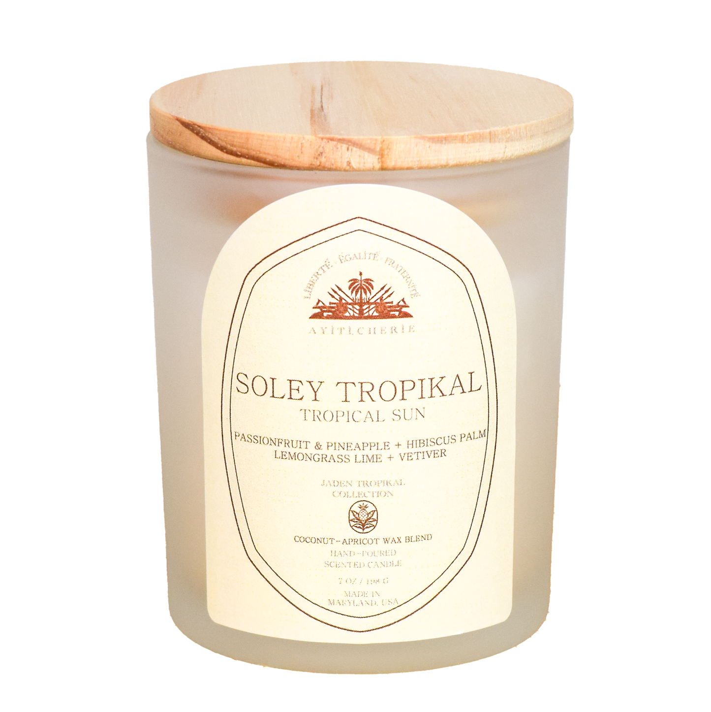 Haitian-inspired candle with passionfruit, pineapple, hibiscus palm, lemongrass lime, and vetiver by Ayiti Cherie 