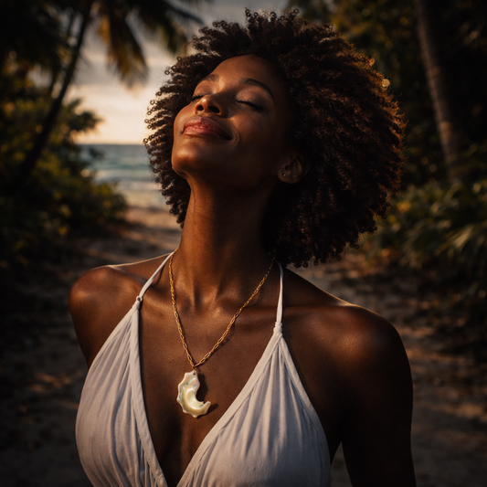 Handcrafted necklace with mother-of-pearl pendant for elegant, refined style by Ayiti Chérie. Haitian-inspired, lifestyle brand