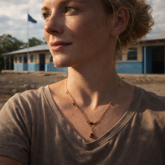 Handcrafted- Delicate curb chain, carnelian, carved drum and teardrop glass beads for elegant, refined style by Ayiti Chérie. Haitian-inspired, lifestyle brand