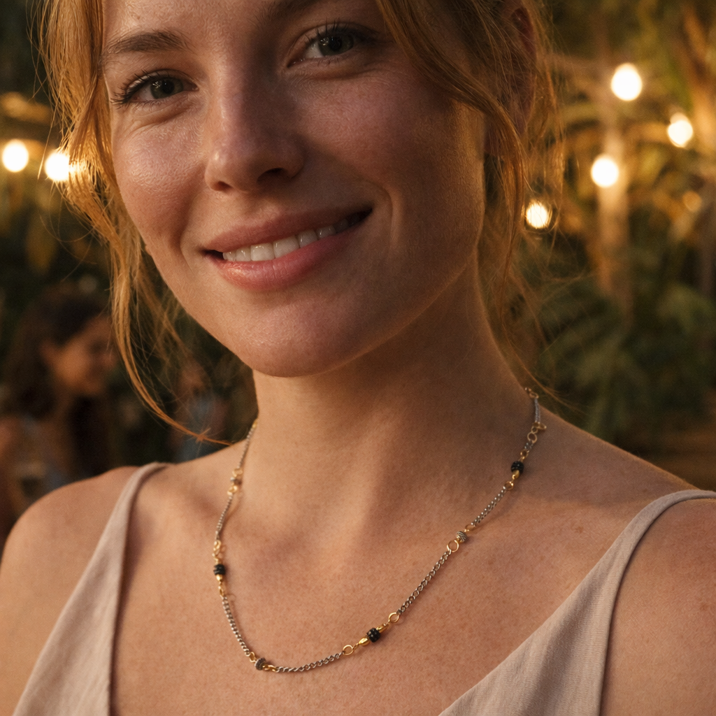 Handcrafted with delicate curb chain, featuring drum and bicone metal beads for elegant, refined style by Ayiti Chérie. Haitian-inspired, lifestyle brand