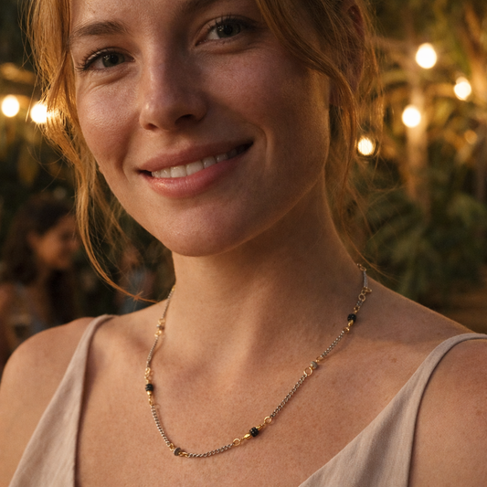 Handcrafted with delicate curb chain, featuring drum and bicone metal beads for elegant, refined style by Ayiti Chérie. Haitian-inspired, lifestyle brand