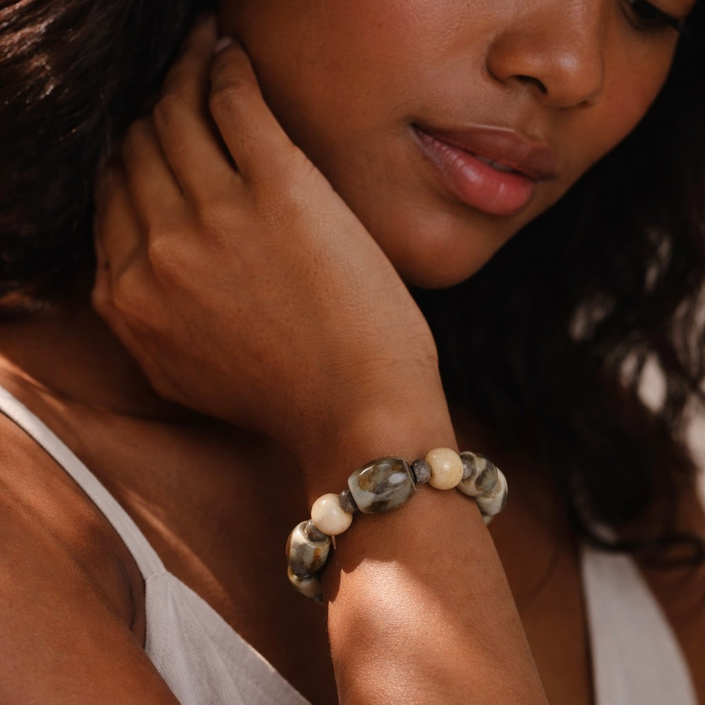 Handcrafted bracelet with agate, labradorite, and bone beads for elegant, refined style by Ayiti Chérie. Haitian-inspired, lifestyle brand