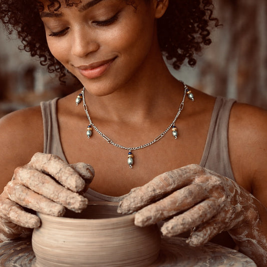 Handcrafted with silver curb & paper clip chain, featuring pearls & glass beads for elegant, refined style by Ayiti Chérie. Haitian-inspired, lifestyle brand