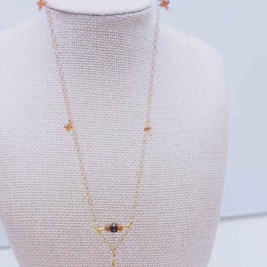 Handcrafted- Delicate curb chain, carnelian, carved drum and teardrop glass beads for elegant, refined style by Ayiti Chérie. Haitian-inspired, lifestyle brand