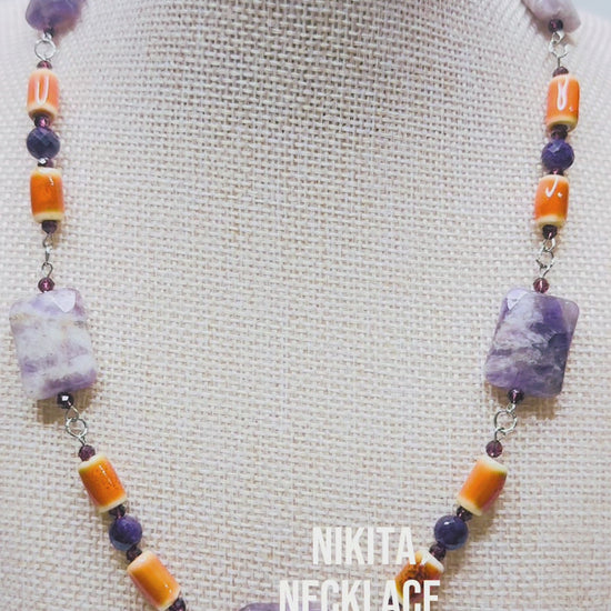 Handcrafted necklace- Amethyst and ceramic beads for refined, modern elegance. Haitian-inspired, lifestyle brand