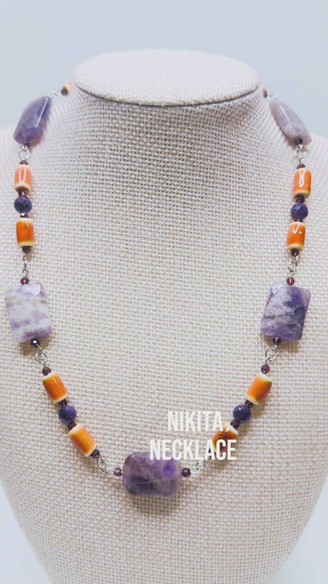 Handcrafted necklace- Amethyst and ceramic beads for refined, modern elegance. Haitian-inspired, lifestyle brand