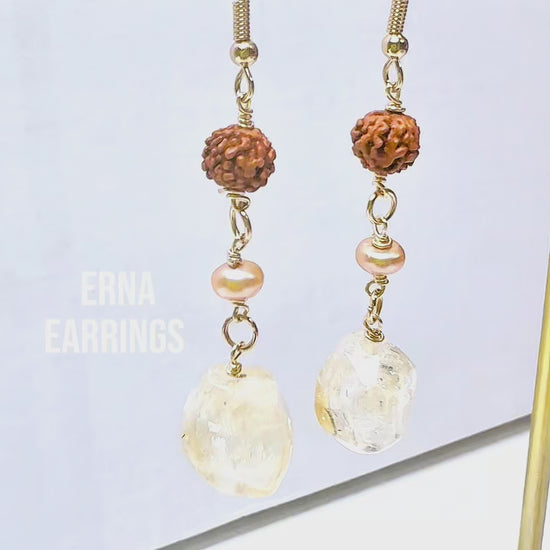 Handcrafted earrings with citrine, Rudraska, and pearl beads for elegant, refined style by Ayiti Chérie. Haitian-inspired, lifestyle brand