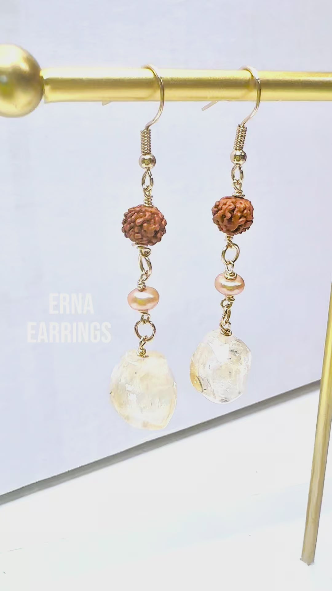 Handcrafted earrings with citrine, Rudraska, and pearl beads for elegant, refined style by Ayiti Chérie. Haitian-inspired, lifestyle brand