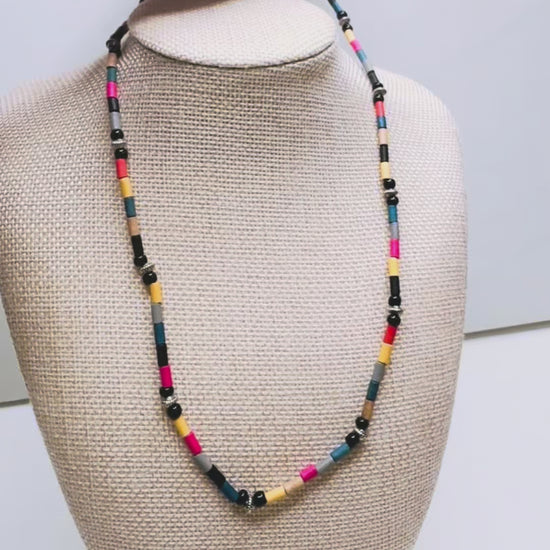 Handcrafted necklace- Painted wooden & carved metal beads for refined, modern elegance. Haitian-inspired, lifestyle brand
