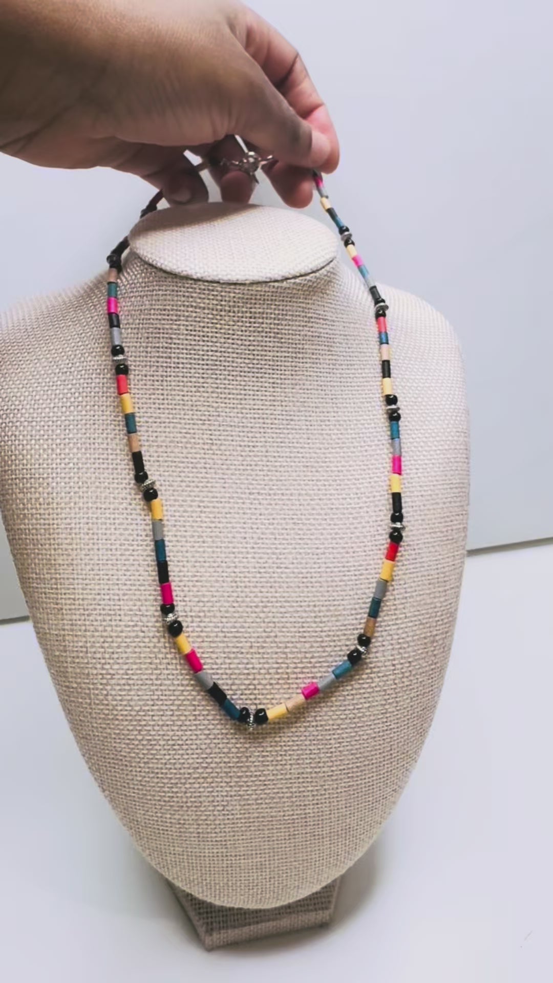 Handcrafted necklace- Painted wooden & carved metal beads for refined, modern elegance. Haitian-inspired, lifestyle brand