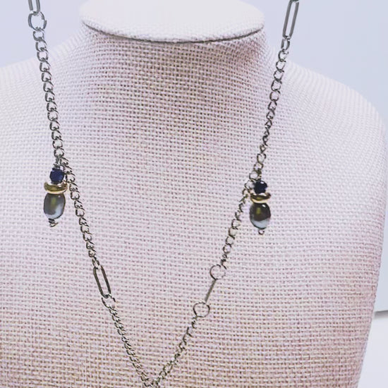 Handcrafted with silver curb & paper clip chain, featuring pearls & glass beads for elegant, refined style by Ayiti Chérie. Haitian-inspired, lifestyle brand
