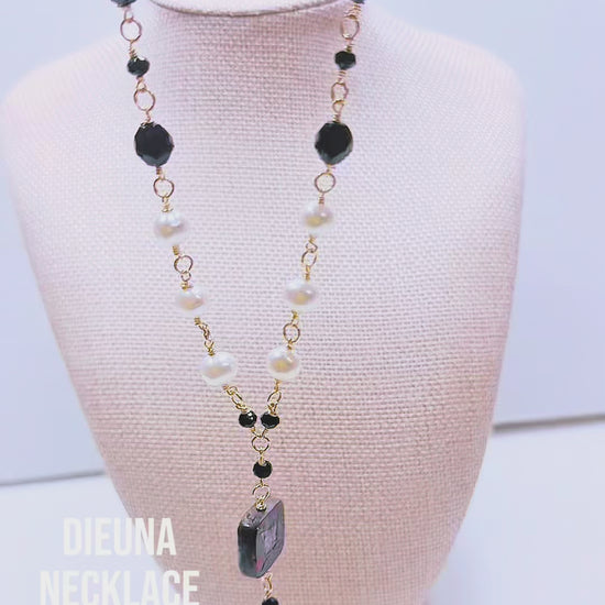 Handcrafted necklace with pearls and  Czech glass beads for elegant, refined style by Ayiti Chérie. Haitian-inspired, lifestyle brand